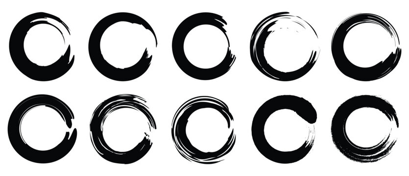 Set different circle brush strokes, hand drawn paint brush circle logo frame &ndash; for stock