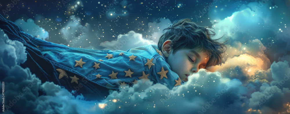 Poster a peaceful image of a young boy sleeping in fluffy clouds. suitable for dreamy and imaginative conce