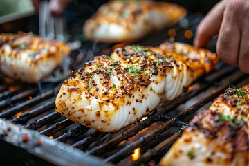 Grilled fish fillet in creamy butter lemon or cajun sauce for delicious seafood dish