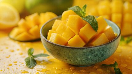 Tropical fruit, Mango cube slices in bowl on yellow background. - obrazy, fototapety, plakaty