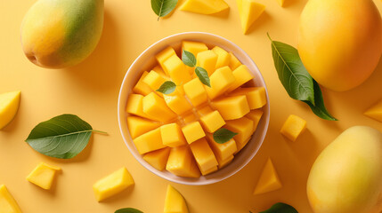 Tropical fruit, Mango cube slices in bowl on yellow background. - obrazy, fototapety, plakaty