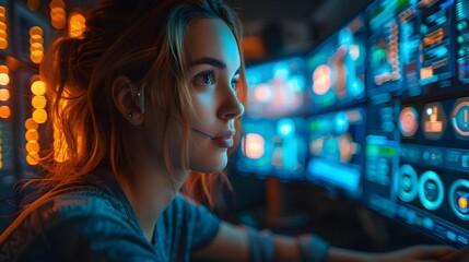 Obraz premium Cyberpunk-Inspired Software Tester Evaluating User Experience on Futuristic Digital Interface