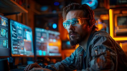 Fototapeta premium Software Tester Conducting Usability Tests on Futuristic Interface in Cyberpunk-Inspired Magazine Photography Setting
