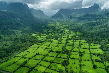 Aerial view of lush farmland along river, digital illustration for stock image sale