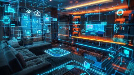 A futuristic room with many computer monitors and a large screen