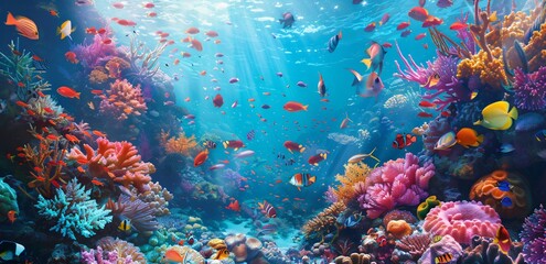 Fototapeta na wymiar Vibrant coral reef teeming with colorful fish 