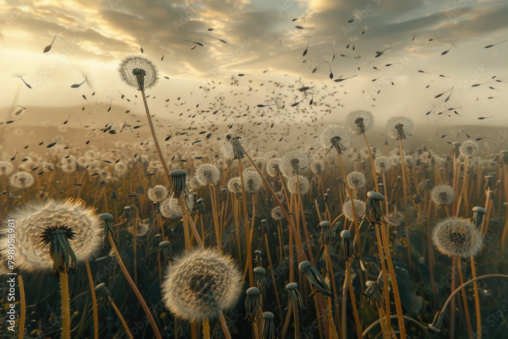 Poster a field full of dandelions with birds flying around. suitable for nature and springtime concepts