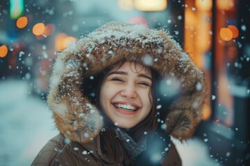 A woman smiling as she walks through the snow. Suitable for winter and outdoor concepts