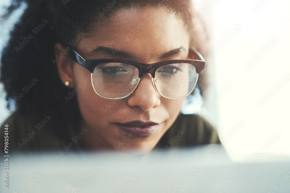 Poster business woman, laptop and glasses with online research, internet and content creation for website. 