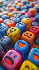 Vibrant Emoji-Adorned Dice Cascade in Playful 3D Rendering