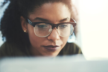 Business woman, laptop and glasses with online research, internet and content creation for website....