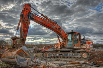 A large orange excavator sitting on top of a pile of rubble. Suitable for construction and demolition themes