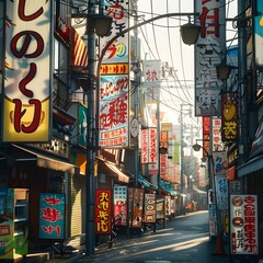 Colorful Street in Japan Adorned with Vibrant Japanese Signage and Billboards Bathed in Bright Sunlight