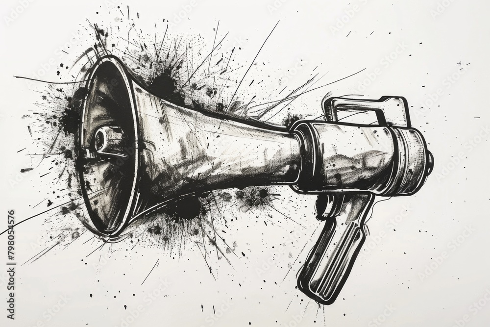 Poster simple black and white drawing of a megaphone. suitable for various design projects