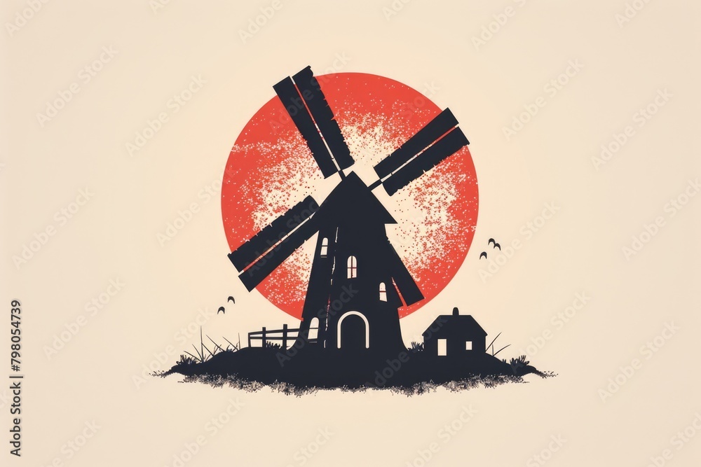 Aufkleber windmill with a red sun in the background. suitable for environmental concepts