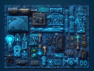 Fototapeta premium Vintage Steampunk-Inspired Mechanical Blueprints and Gadgets Depicting Lost and Found Items