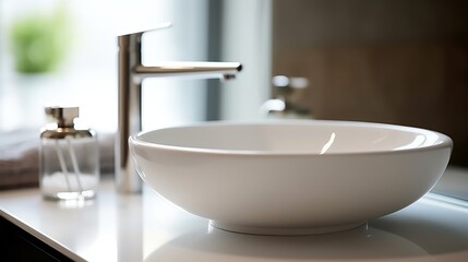 A detailed shot of a pristine white ceramic sink with a minimalist design