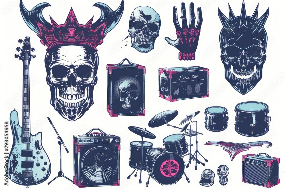 Poster a unique collection of music instruments and skulls. perfect for music-themed designs or halloween p
