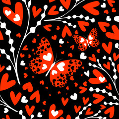 Seamless black background of twigs and hearts with a butterfly. Not AI. Happy Valentine's Day. Vector illustration.