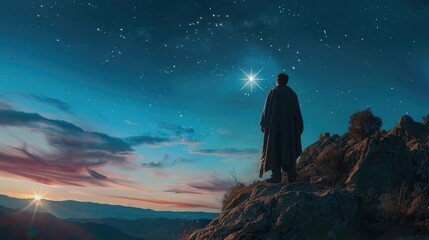 Obraz premium A man standing on top of a mountain admiring the stars. Suitable for nature and adventure concepts
