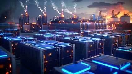 Battery storage systems vital for green tech infrastructure at industrial scale. Concept Battery storage systems, Green technology, Industrial scale, Infrastructure, Energy storage