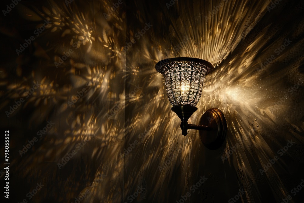 Poster a light fixture mounted on a wall in a dark room. suitable for interior design concepts