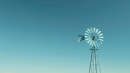 A picturesque windmill standing tall in a vast field under a clear blue sky. Suitable for agricultural and countryside concepts