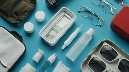 Eyeglass Cleaning Kit An eyeglass cleaning kit laid out on a clean surface, containing a lens...