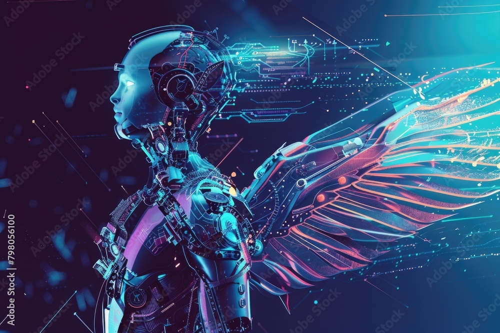 Aufkleber a futuristic robot with wings on a dark, mysterious background. ideal for sci-fi or technology conce