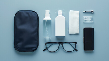 Eyeglass Cleaning Kit An eyeglass cleaning kit laid out on a clean surface, containing a lens...