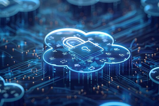 Cyber Stronghold: Padlock Silhouettes Guarding the Cloud (Light Effects on Dark Blue)