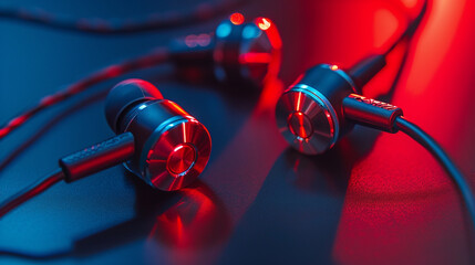 Fashionable Earbuds A stylish photograph showcasing fashionable earbuds with metallic accents and trendy colors, blending fashion and function for users who prioritize both - obrazy, fototapety, plakaty