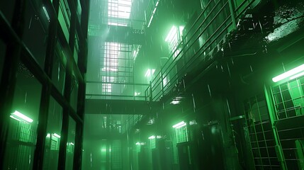 A dark and eerie prison hallway with green lighting. The walls are made of stone and the floor is made of concrete. - obrazy, fototapety, plakaty
