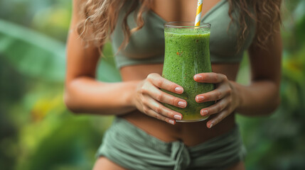 Healthy Smoothie. Fit Girl In Oversize Pants Holding Detox Smoothie. - obrazy, fototapety, plakaty