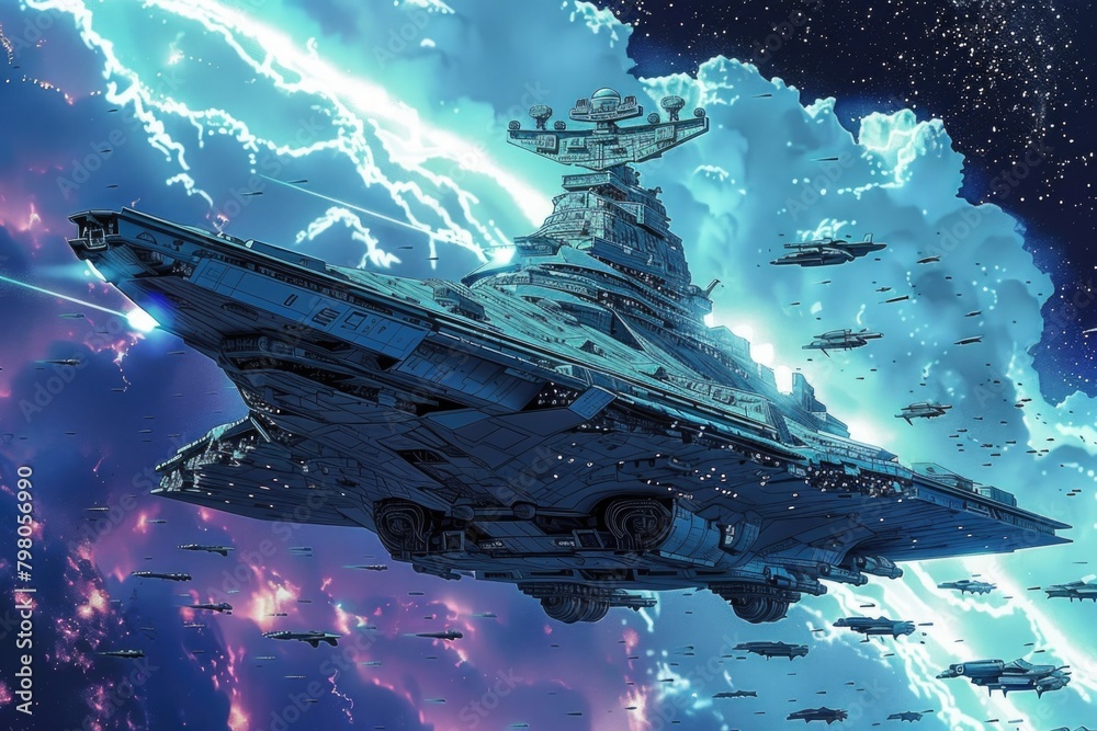 Poster a large space ship flying through a cloudy sky. suitable for sci-fi or futuristic themes