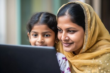 A woman and a child are looking at a laptop together
