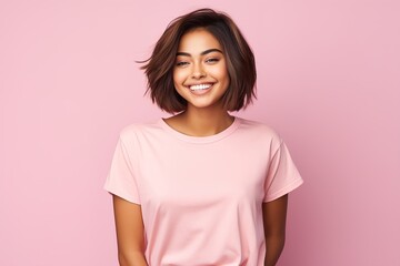 Obraz premium A woman with short hair is wearing a pink shirt and smiling