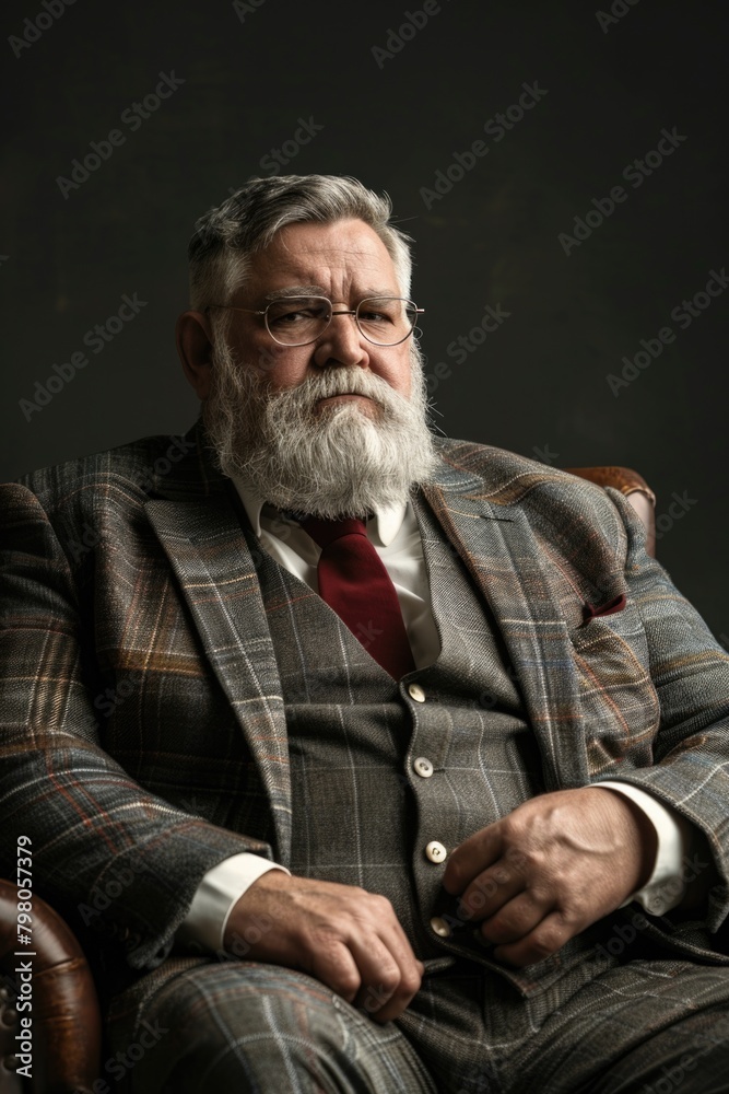 Poster a man in a suit and tie sitting in a chair. suitable for business and office concepts
