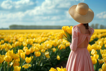 A woman holding yellow tulips standing on a field of yellow tulip flowers. - Powered by Adobe