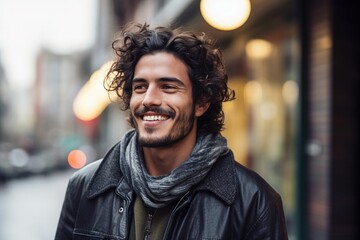 A man with a beard and a scarf is smiling