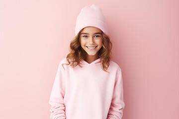 A young girl wearing a pink hoodie and a pink hat is smiling