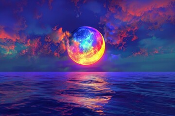Full moon rising over the ocean, suitable for night scenery