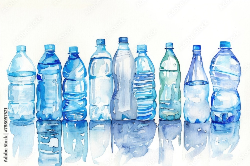 Poster a group of water bottles placed next to each other. ideal for hydration concept
