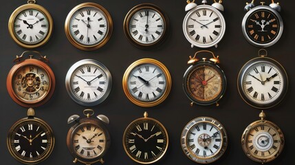 A collection of clocks hanging on a wall. Ideal for illustrating time management concepts