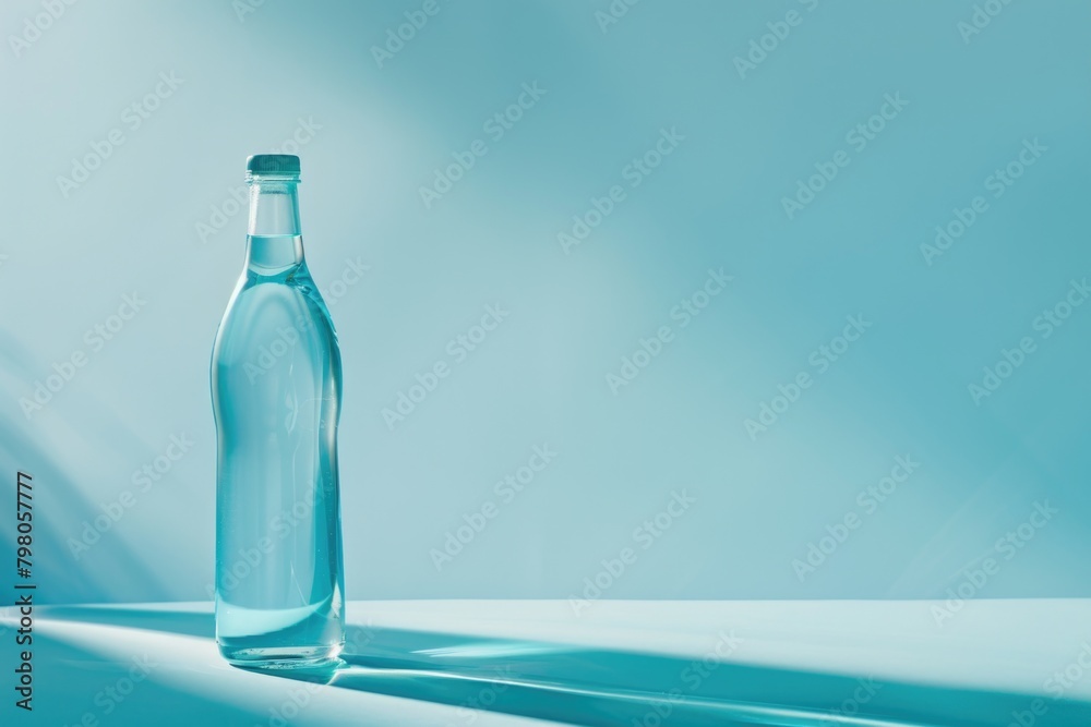 Poster a bottle of water placed on a table. suitable for hydration concept
