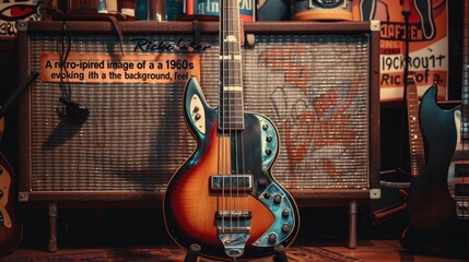 A vintage guitar is on display in a room with a sign that says "A Retro-Spied Im