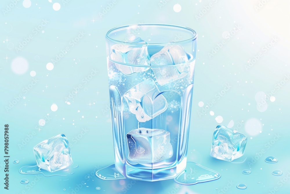 Poster refreshing glass of water with ice cubes and water droplets. suitable for hydration and summer conce