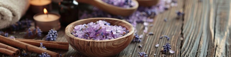 Lavender Bath Salts and Aromatic Candles on Wooden Background