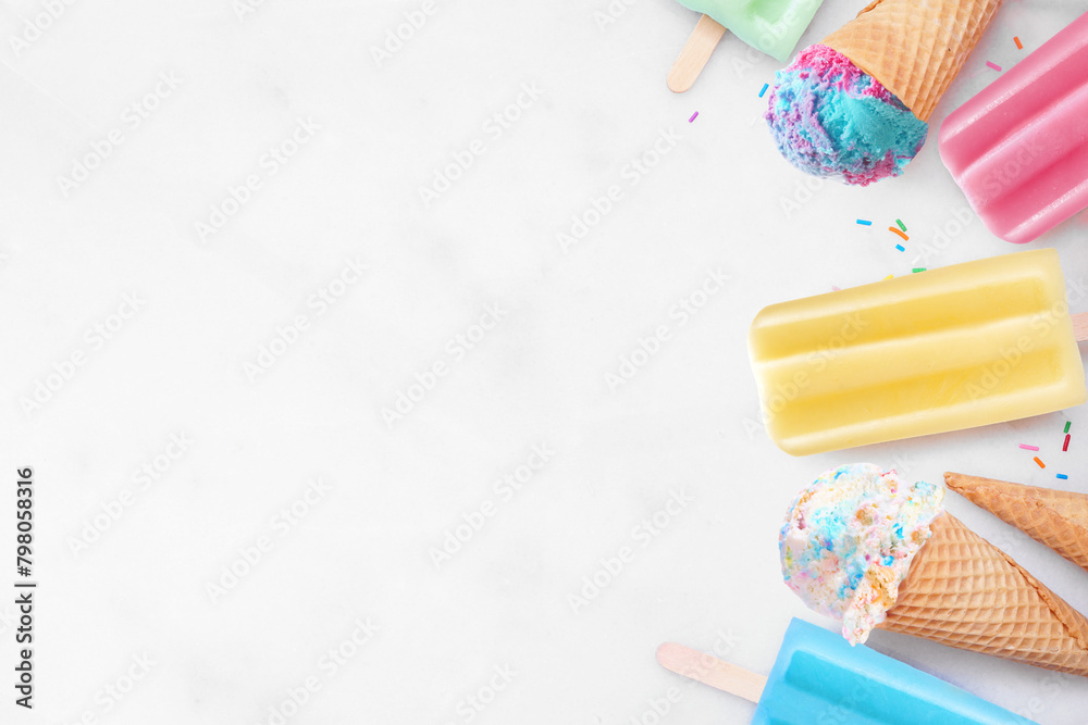 Poster collection of colorful pastel ice cream cones and popsicle summer frozen desserts. above view side b
