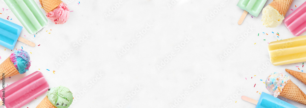 Poster selection of colorful pastel ice cream cones and popsicle summer frozen desserts. overhead view doub